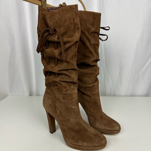 New Moschino Boho Brown Suede Leather Heeled Boots Size 7.5 - Picture 3 of 10